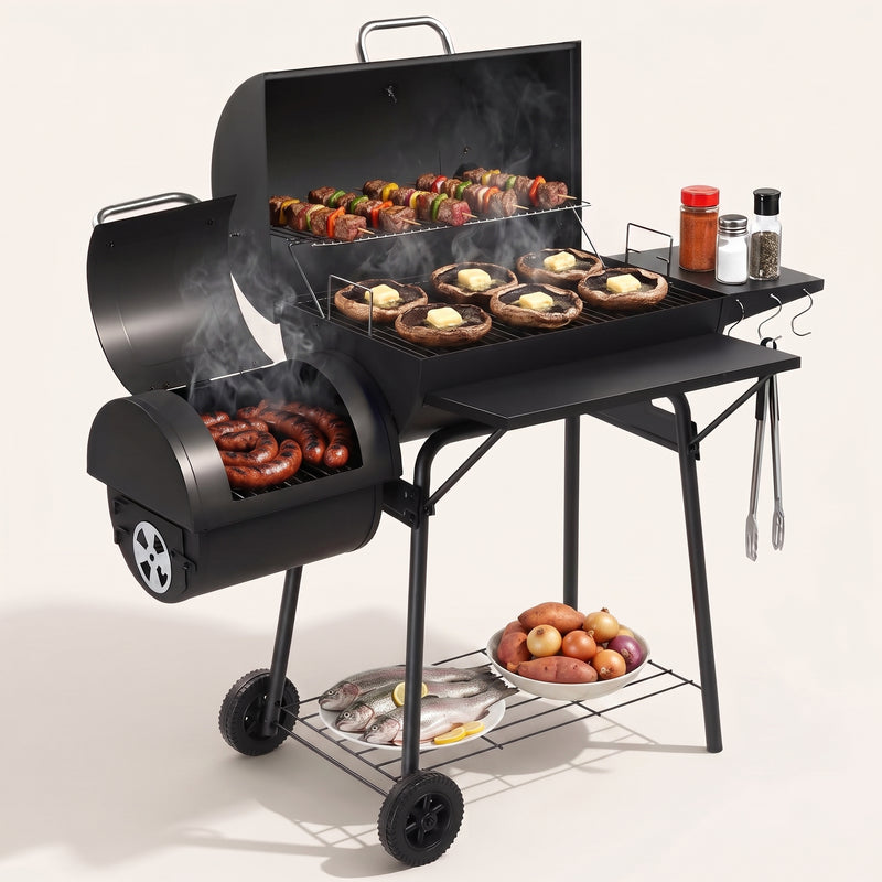Portable Charcoal Grill with Smoking Function, Foldable Suitcase Design with Wheels, Multi-Tier Storage Rack & Waterproof Cover for Outdoor BBQ Parties - 1