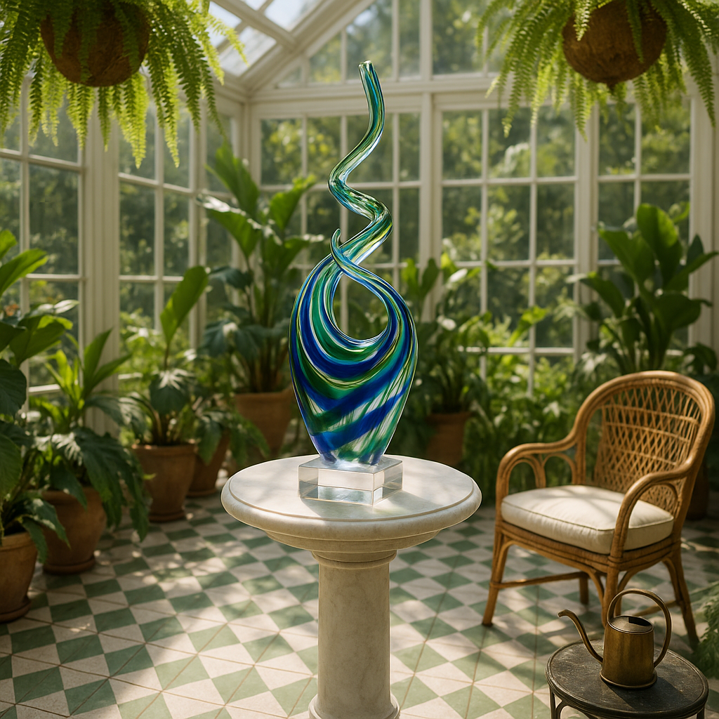 Premium 14" Clear Blue and Green Murano Glass Modern Abstract Tabletop Sculpture - Contemporary Artisan-Crafted Decorative Accent orary Artisan-Crafted Decorative Accent