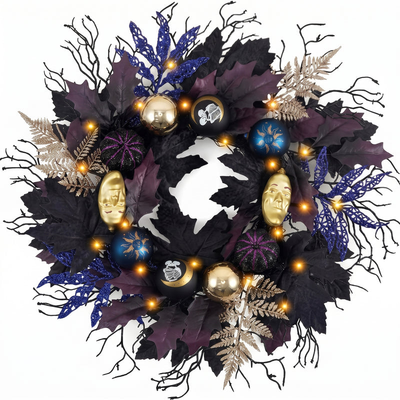HALLOWEEN WREATH WITH LIGHTS FOR FRONT DOOR – PRE-LIT PUMPKIN, WITCH & GOTHIC PORCH DÉCOR - 1