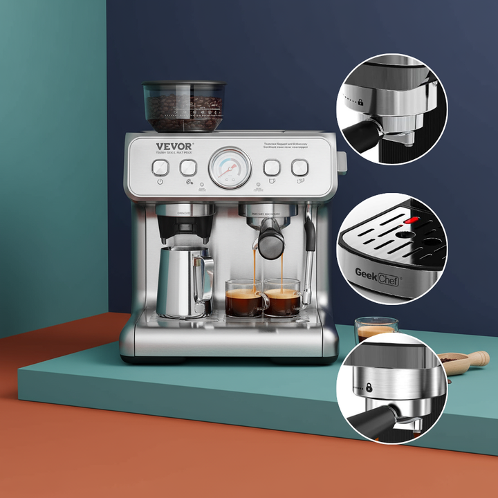 VEVOR Espresso Machine with Grinder, 15 Bar Semi-Automatic Espresso Coffee Maker with Milk Frother Steam Wand, Removable Water Tank & Pressure Gauge for Cappuccino, Latte, Machiato, PID Control System