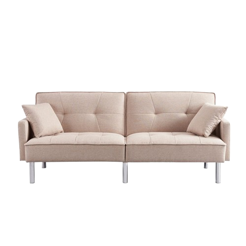 85" Beige Polyester Blend Convertible Futon Sleeper Sofa And Toss Pillows With Silver Legs