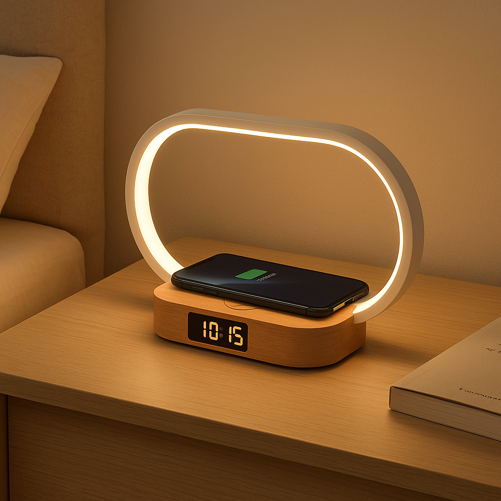 SyncLite Touch Bedside Lamp – Clock, Wireless Charger & Dimmable LED Nightstand Light
