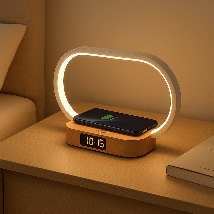 SyncLite Touch Bedside Lamp – Clock, Wireless Charger & Dimmable LED Nightstand Light