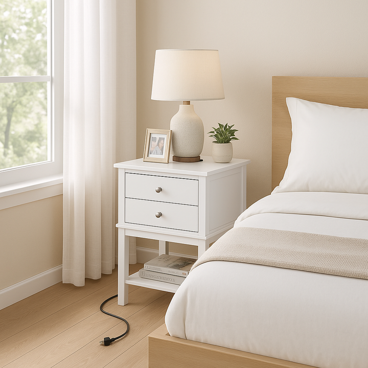TechStation Pro 28" White Nightstand with Smart Charging Station – 2-Drawer Bedside Table with USB Ports