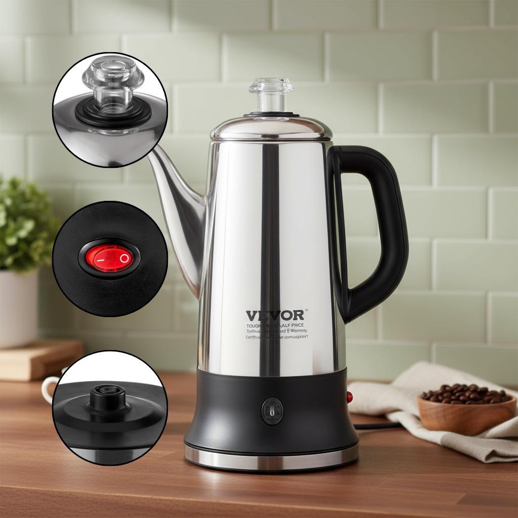 VEVOR 12-Cup Electric Percolator Coffee Pot, 304 Stainless Steel Coffee Percolator with Keep Warm Function & Heat-Resistant Handle, Classic Coffee Maker, Quick Brew & Easy-Pour Spout, Silver