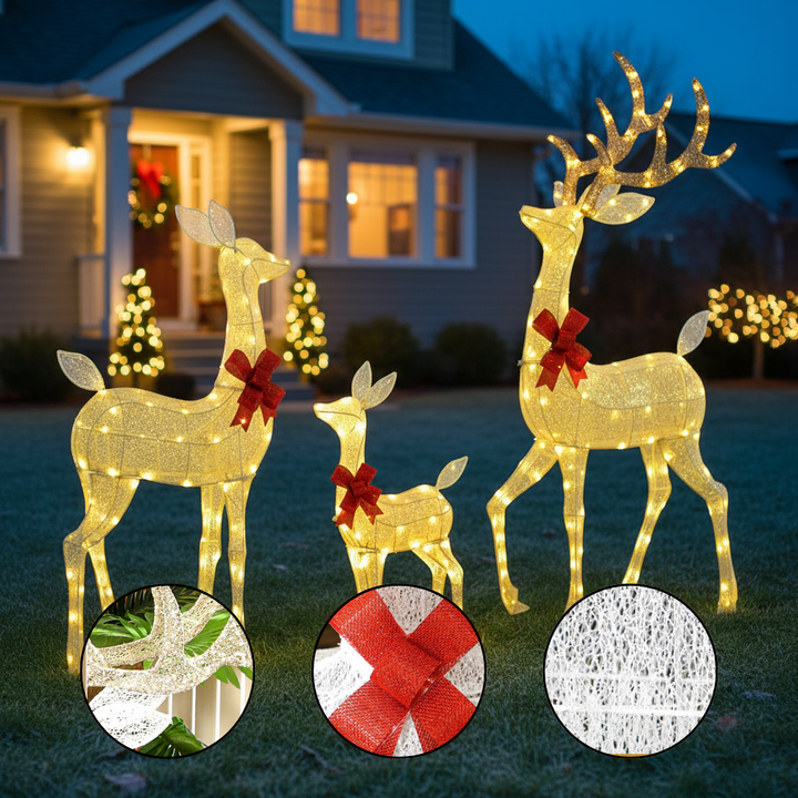 4.5ft 3-Piece Light Up Christmas Deer Family Set of 3, Lighted Reindeer Christmas Decorations with 2 LED Light Modes, Stakes, Zip Ties for Indoor, Outdoor, Yard, Lawn