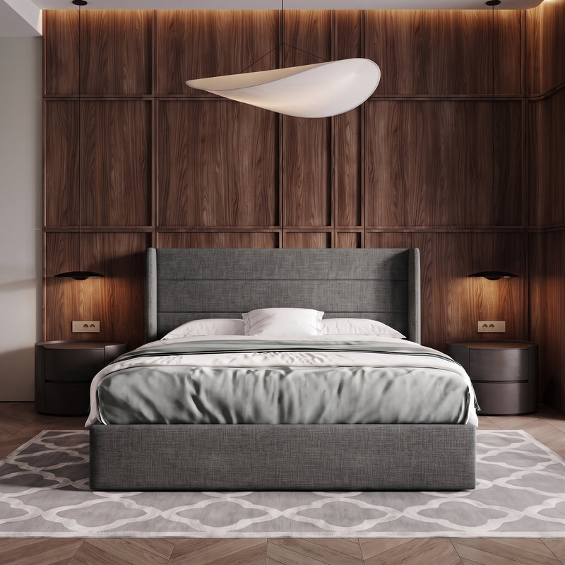 Lift-Up Storage Bed Frame with Upholstered Wingback Headboard - 1