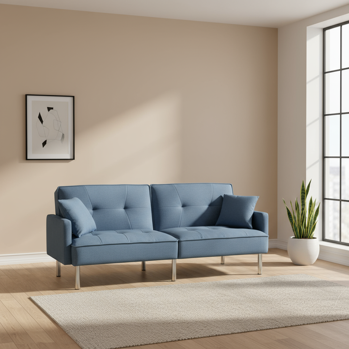 85" Blue Polyester Blend Convertible Futon Sleeper Sofa And Toss Pillows With Silver Legs