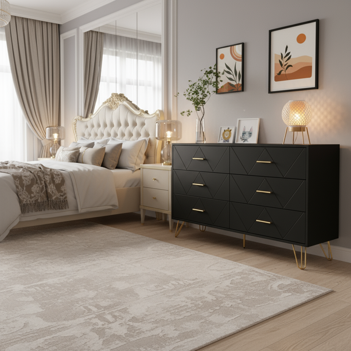 Modern 6-Drawer Dresser with Golden Handles – Elegant Storage Solution for Bedrooms & Living Rooms | Trufairs