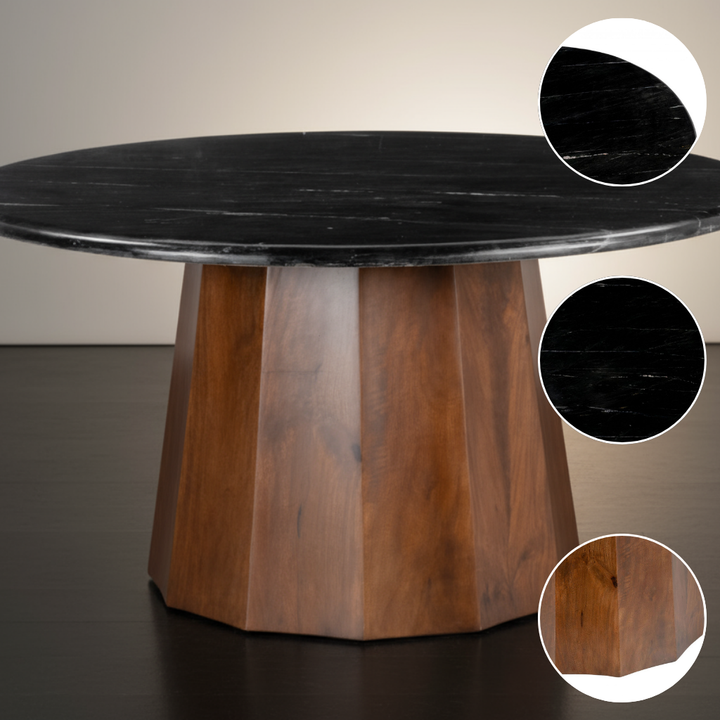 Modern Round Coffee Table – Elegant Black Marble & Warm Wood | Living Room Furniture | Trufairs