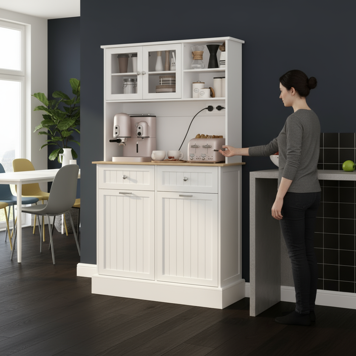 HOMCOM 68" Storage Pantry Cupboards, Freestanding Cabinet w/ 2 Tilt Out Cabinets & Build-in Charging Station for Dining Room, White