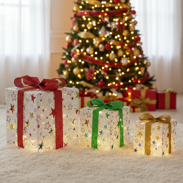 Set of 3 Christmas Lighted Gift Boxes Xmas Present Ornament 50 LED Christmas Box Decorations with Ribbon Bows IP44 Waterproof Battery Powered for Indoor Outdoor Decor