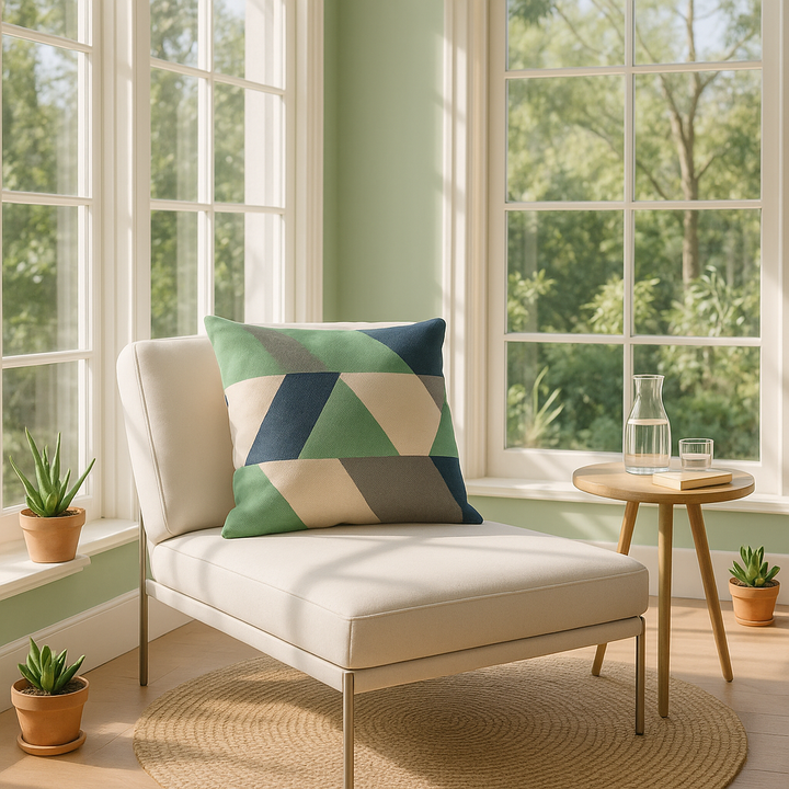 Premium 20" Beige Blue and Green Handmade Geometric Indoor Outdoor Throw Pillow Cover - Contemporary Weather-Resistant Cotton Design
