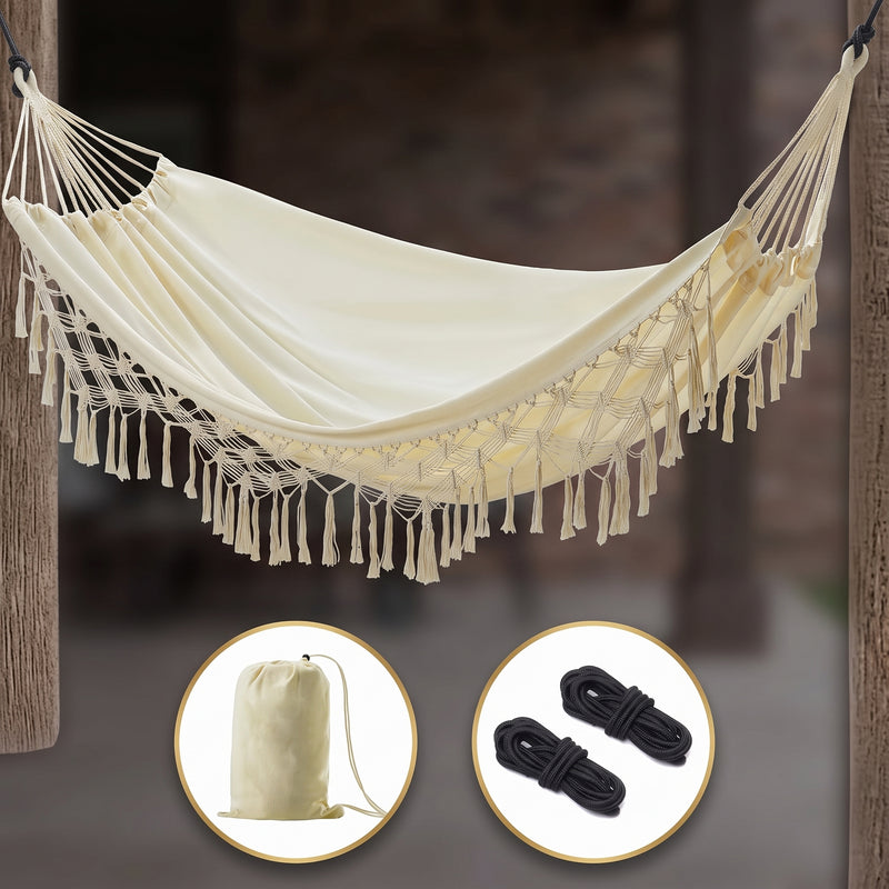 Boho Macrame Double Hammock Swing with Tassels – 2 Person Hanging Chair for Indoor & Outdoor Relaxation - 1