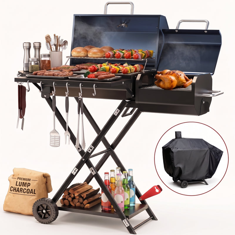 Portable Charcoal Grill with Smoking Function, Foldable Suitcase Design with Wheels, Multi-Tier Storage Rack & Waterproof Cover for Outdoor BBQ Parties - 1