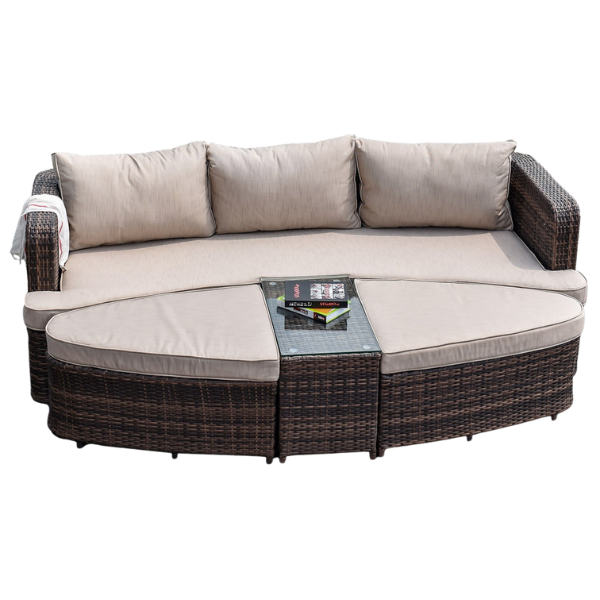 Premium 4-Piece Wicker Daybed Set - Brown Outdoor Patio Furniture with Glass Table, 2 Ottomans & Ultra-Thick Cushions for Ultimate Comfort