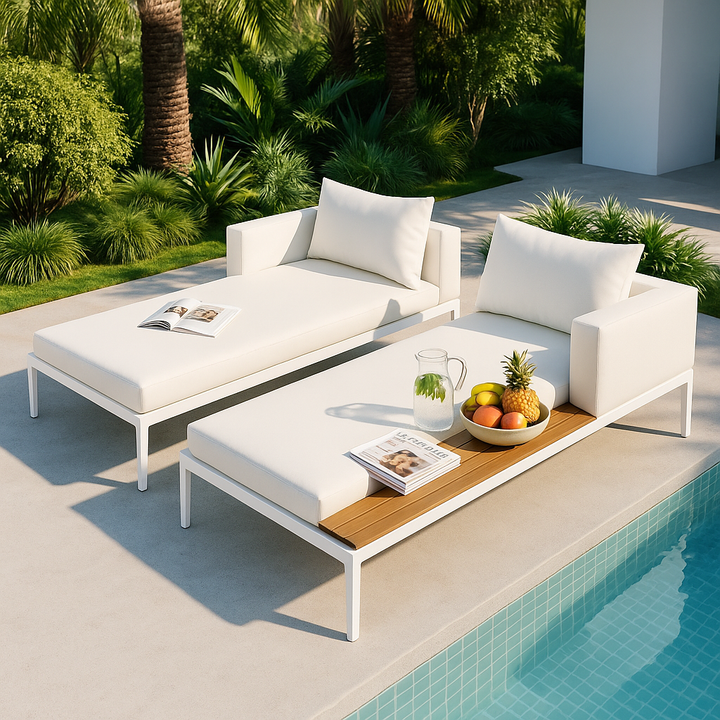 TOPMAX Modern Outdoor Daybed - Premium 2-in-1 Patio Metal Daybed with Acacia Wood Side Tables, Padded Chaise Lounges & Beige Cushions for Poolside, Balcony & Deck
