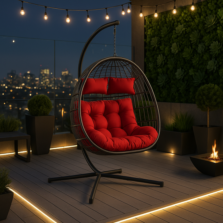 Outdoor Hanging Egg Chair Red - 2 Person Wicker Patio Swing with Stand, Comfort Cushions & All-Weather Durability