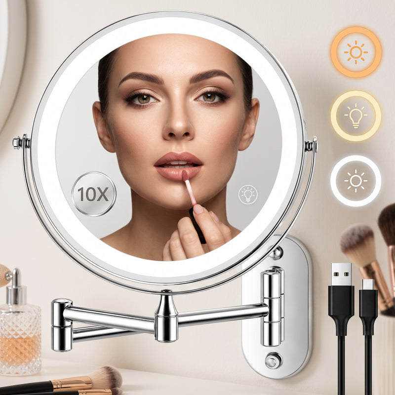 Rechargeable Wall Mounted Makeup Mirror with LED Light – Adjustable Brightness, Magnifying - 1