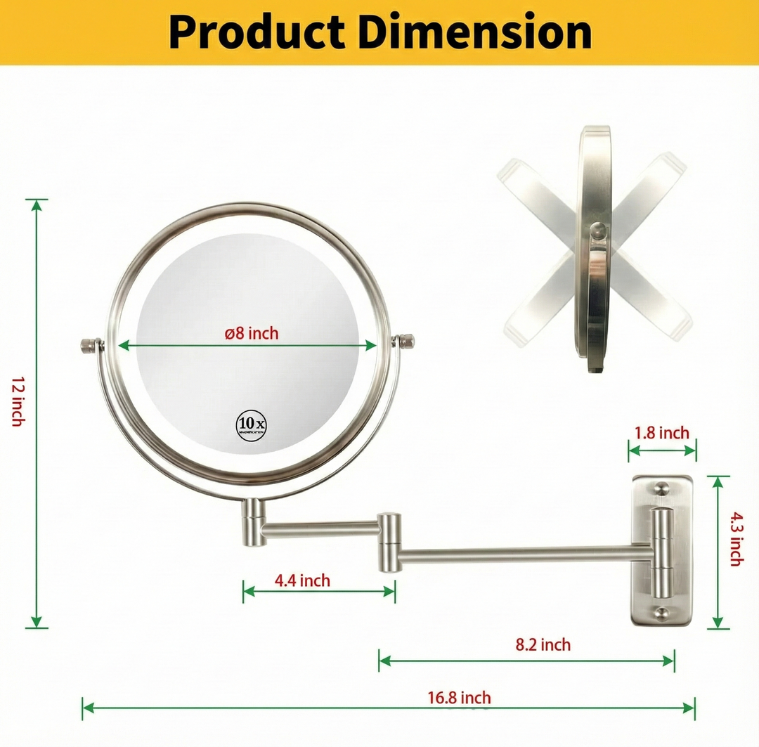 PrecisionGlow LED Wall Mounted Makeup Mirror with 10X Magnification & 360° Swivel | Trufairs