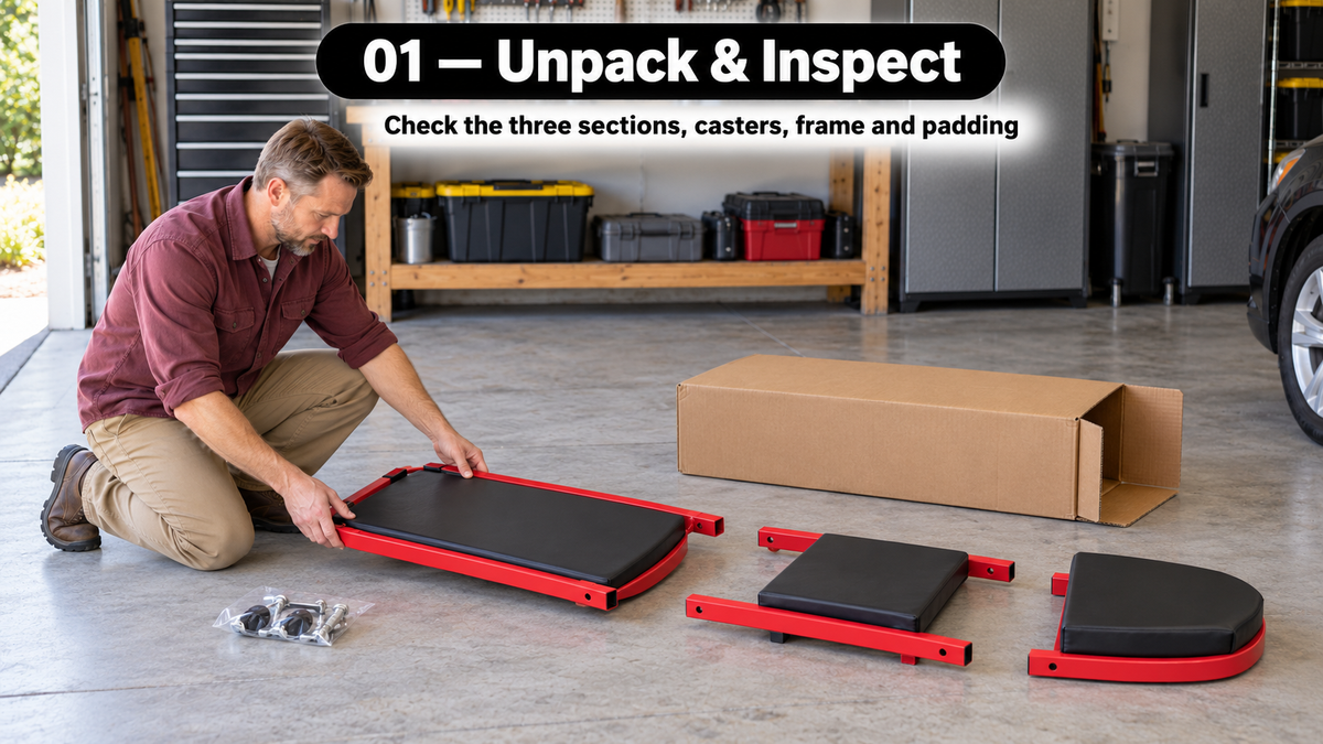 2-in-1 Mechanic Creeper Seat - Folding Z-Creeper, 300-450 lbs - assembly and setup image 1
