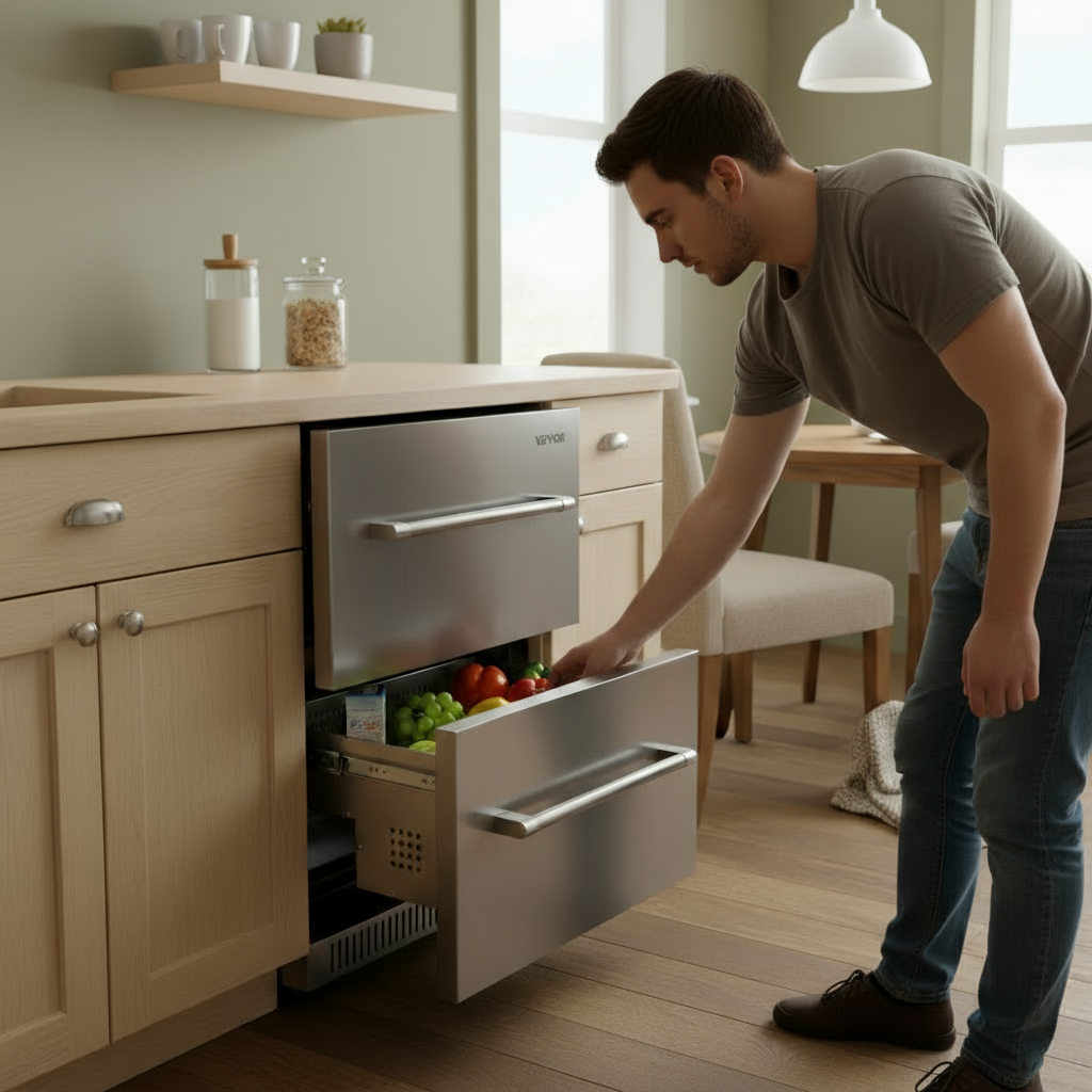 VEVOR 24 inch Undercounter Refrigerator, 2 Drawer Refrigerator with Different Temperature, 4.87 Cu.ft. Capacity, Waterproof Indoor and Outdoor Under Counter Freezer Fridge for Home and Commercial Use