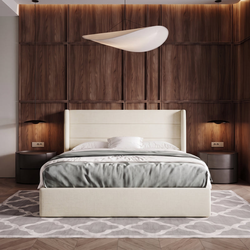 Lift-Up Storage Bed Frame with Upholstered Wingback Headboard - 1