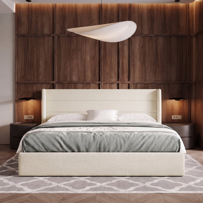 Lift-Up Storage Bed Frame with Upholstered Wingback Headboard - 1