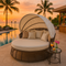 Luxurious 51" Beige Wicker Patio Daybed with Retractable Canopy and Premium Cushion Set