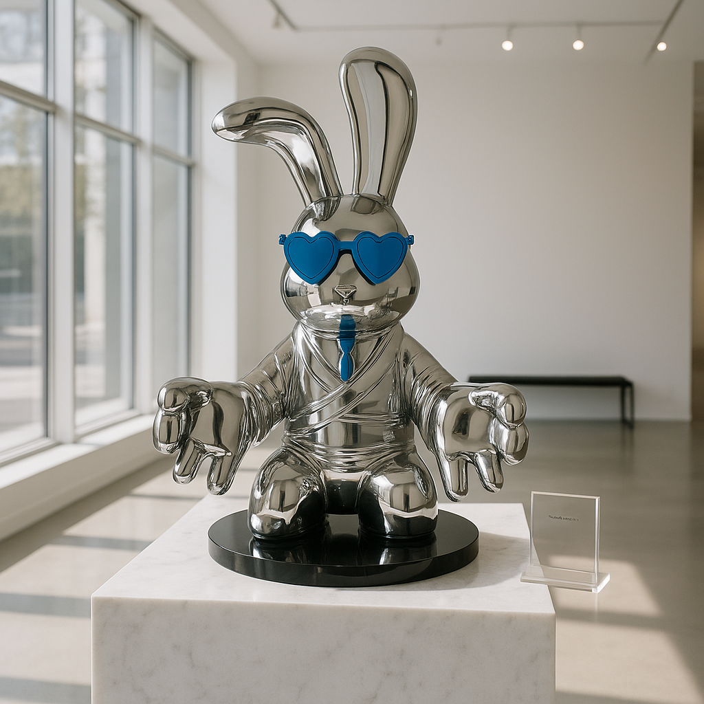 Exclusive Sitting Rabbit with Blue Tie and Glasses Chrome Sculpture - Premium 25" Meditation Art Collection