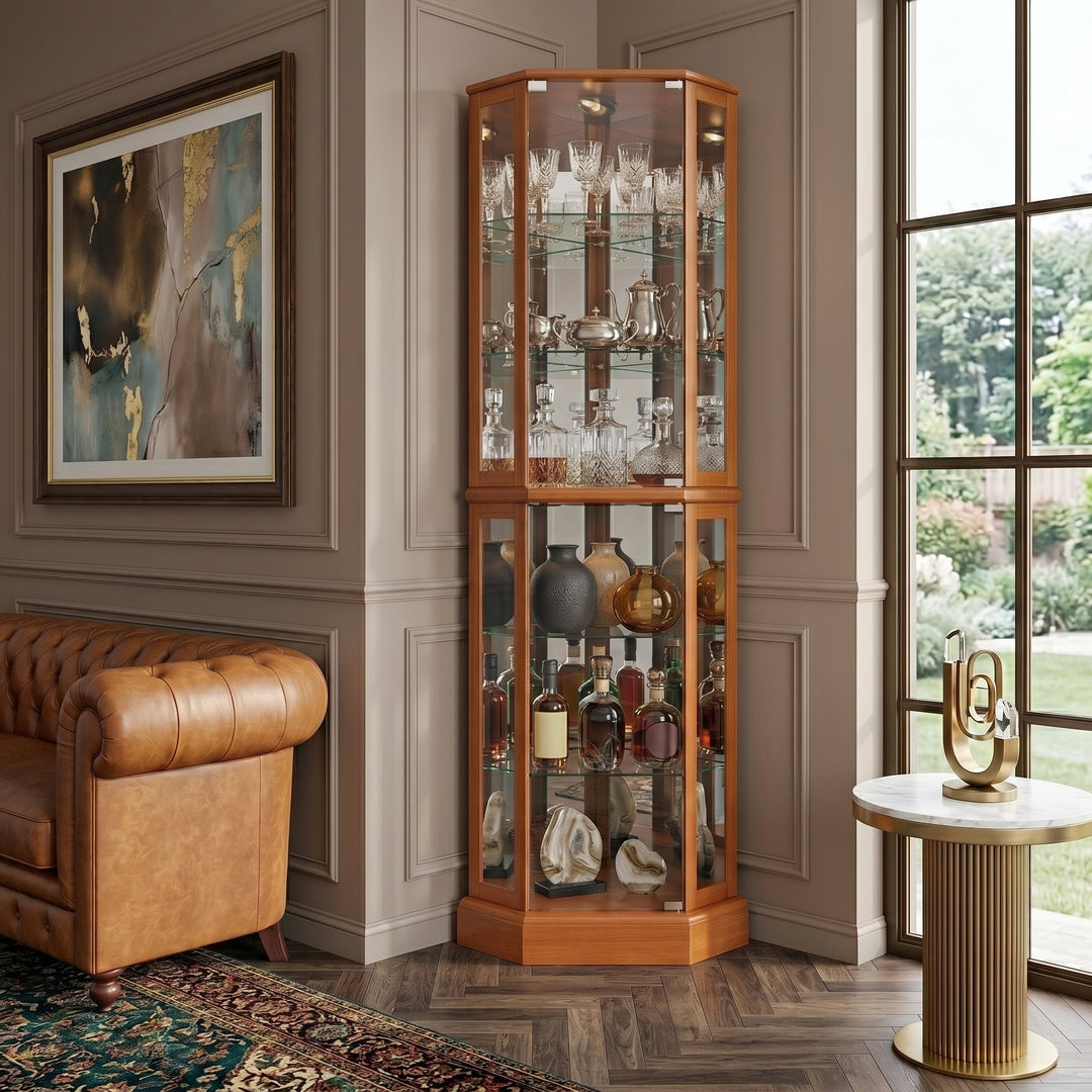 Lighted Corner Curio Cabinet – Wooden Display Cabinet with Glass Doors & Adjustable Shelves - 1