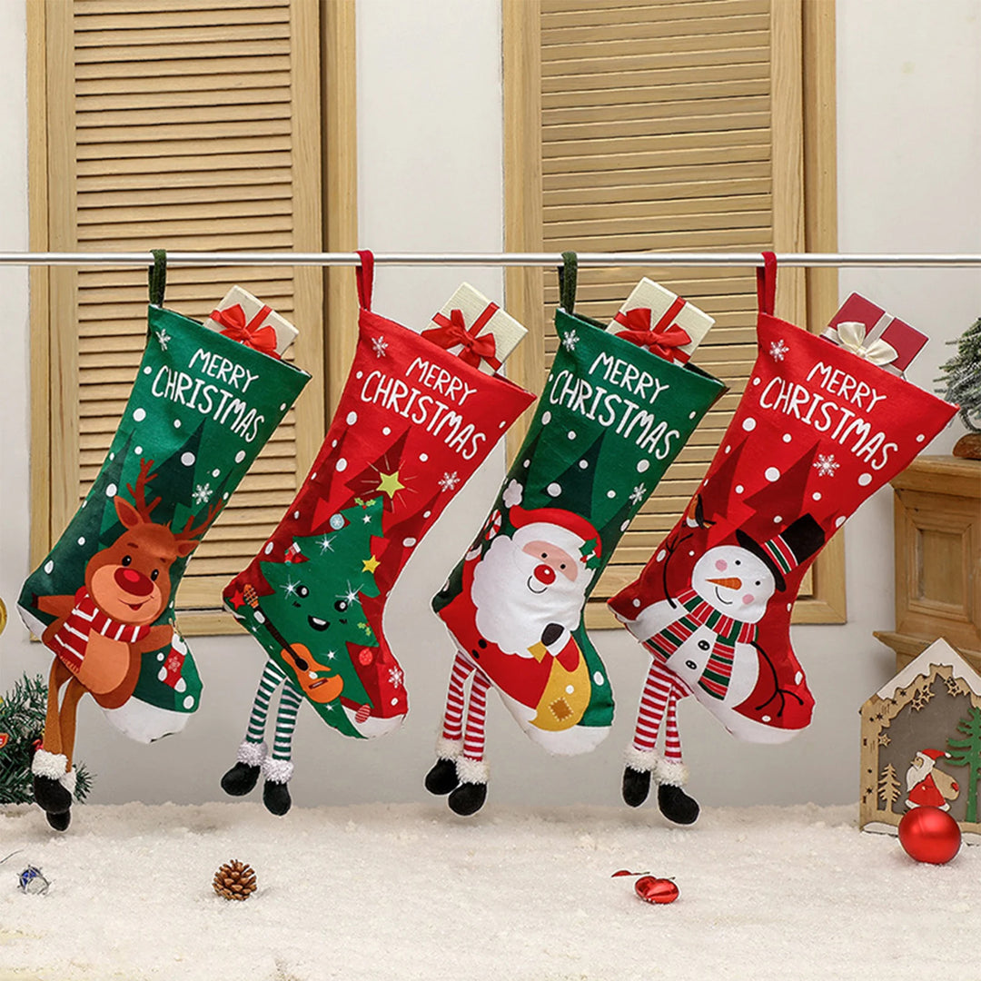 Christmas Stockings with Cute Legs with Classic Elk Snowman Santa Claus Elements for Holiday Christmas Party