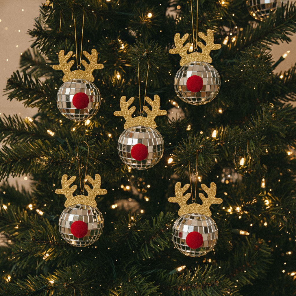 5-Piece Christmas Silver Disco Mirror Ball Set with Rope & Reflective Elk Horns Design for Dance Music Festivals Decor | Trufairs