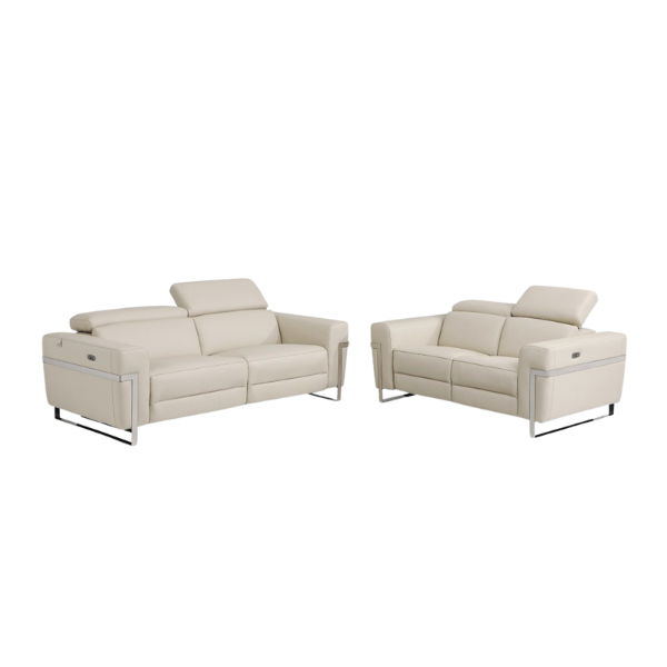 Beige Italian Leather Power Reclining Sofa and Loveseat Set - 5-Person Seating with Silver Metal Legs