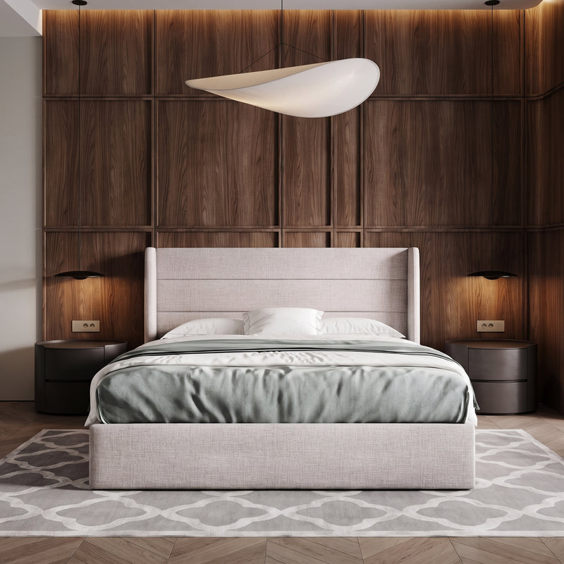 Lift-Up Storage Bed Frame with Upholstered Wingback Headboard - 1