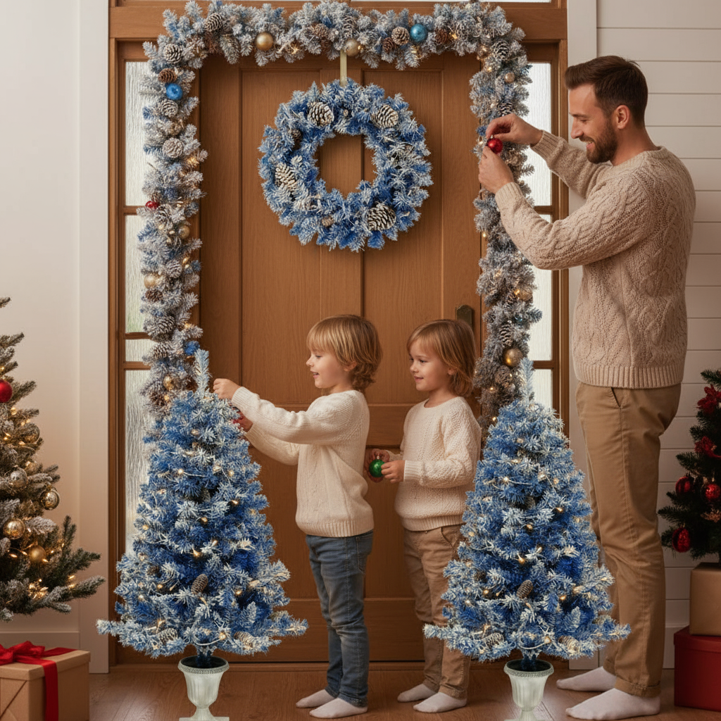 Pre-lit Xmas Tree Artificial Christmas 4-Piece Set,Garland, Wreath and Set of 2 Entrance Trees X-mas with LED Lights, Christmas Tree WL