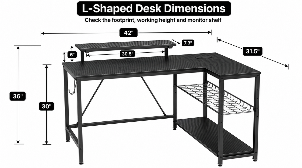 L-Shaped Gaming Desk with LED Lights & Power Outlets - fit and scale image 1