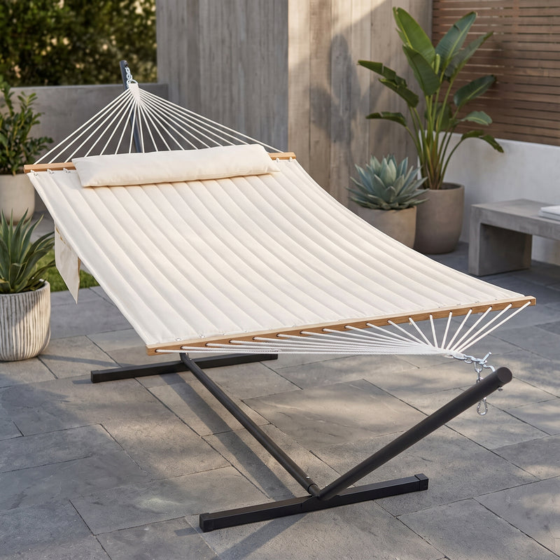Outdoor Double Hammock with Stand for 2 – Heavy Duty Steel Frame, Pillow Included - 1