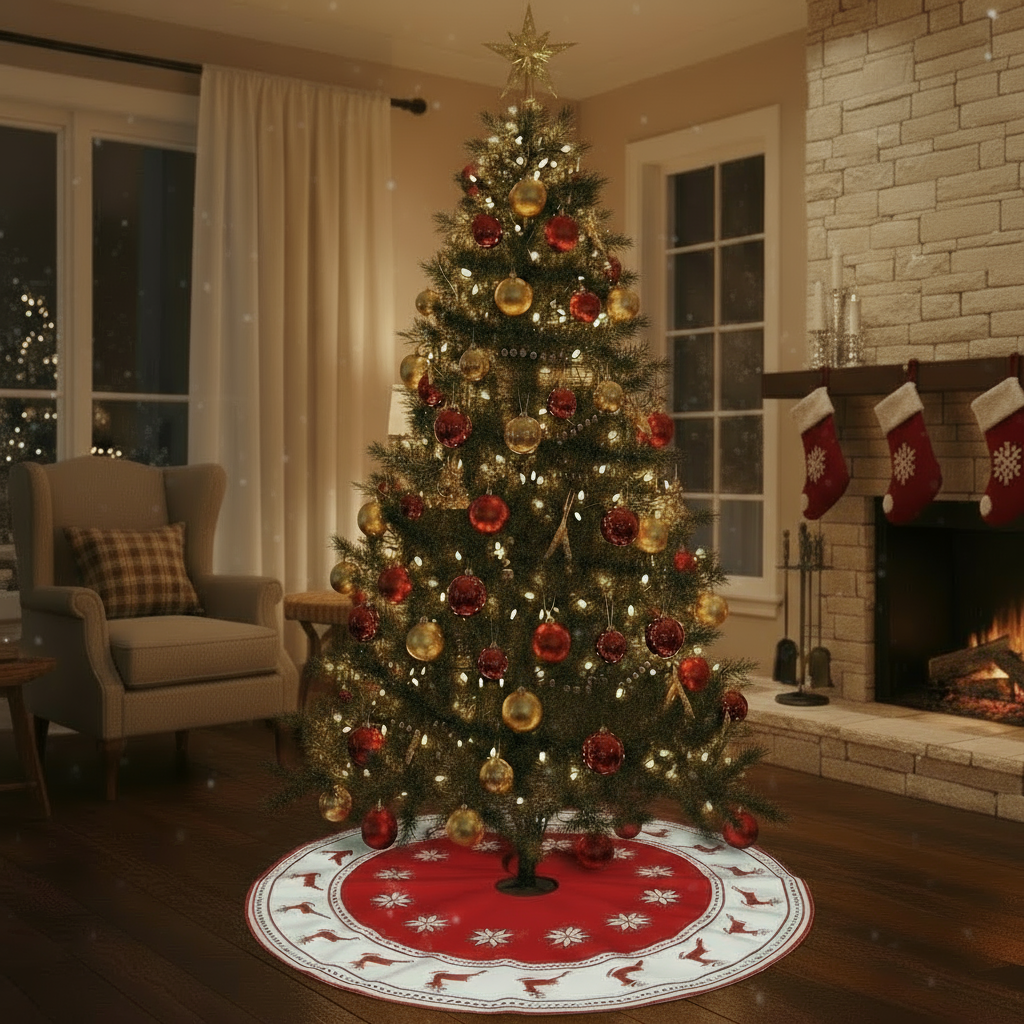 Red Christmas Skirt Tree Tree Skirts Winter Tree Skirt 23.6 Inch Holiday Tree Skirt Red Cover Snowflake Reindeer Home Decor