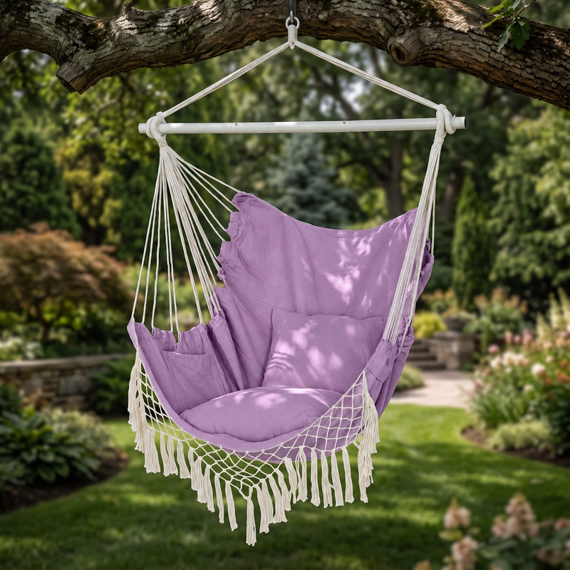 Boho Macrame Hammock Chair with Fringe, 2 Cushions & Side Pocket - 1