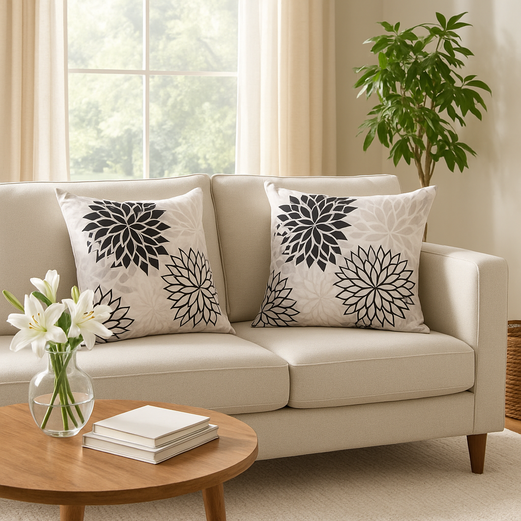 Premium 20" Black Gray and White Handmade Floral Indoor Outdoor Throw Pillow - Reversible Contemporary Design with Weather-Resistant Polyester