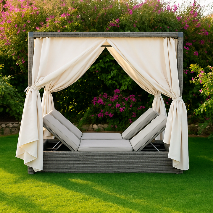 Dual Adjustable Patio Sunbed - Renava Marin Brown Rattan Daybed with Off-White Canopy, Beige Cushions & Weather-Resistant Construction