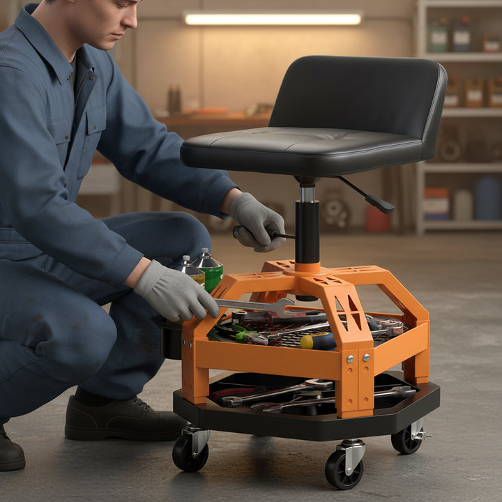 Rolling Garage Mechanic Stool with Tool Tray – Adjustable Height 300 lbs Capacity (Yellow) | Trufairs