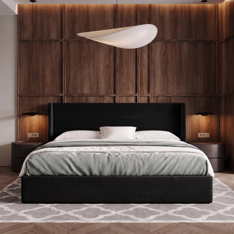 Lift-Up Storage Bed Frame with Upholstered Wingback Headboard - 1