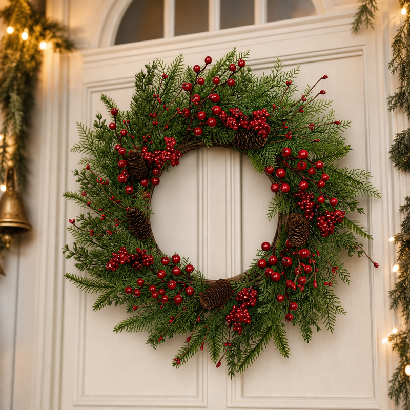 CHRISTMAS BERRY WREATH FOR FRONT DOOR – WINTER PINE HOLIDAY DÉCOR - 1