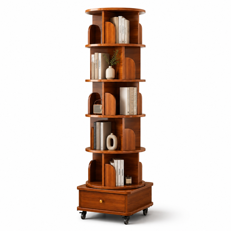 Rotating Bookshelf Tower – 360° Spinning Bookcase | 5 & 6-Tier, Solid Wood & MDF - 1