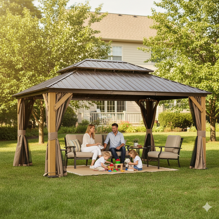 Exclusive 10' x 14' Cedar Wood Gazebo - Premium Solid Wood Hardtop Pavilion with Galvanized Steel Double Roof