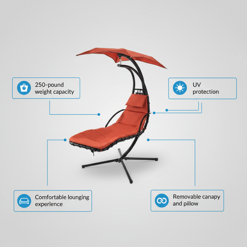 Outdoor Hanging Chaise Swing Orange - Lounger Chair with UV Canopy, Cushion & Stand for Garden Porch Comfort