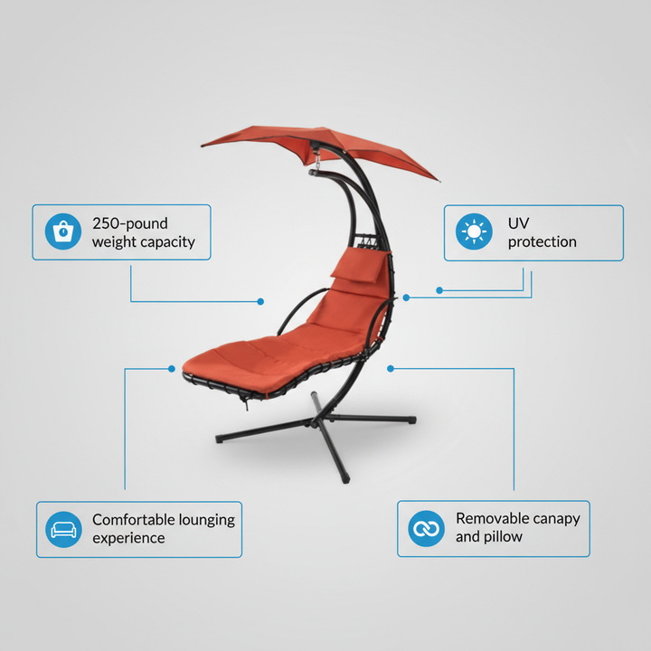 Outdoor Hanging Chaise Swing Orange - Lounger Chair with UV Canopy, Cushion & Stand for Garden Porch Comfort