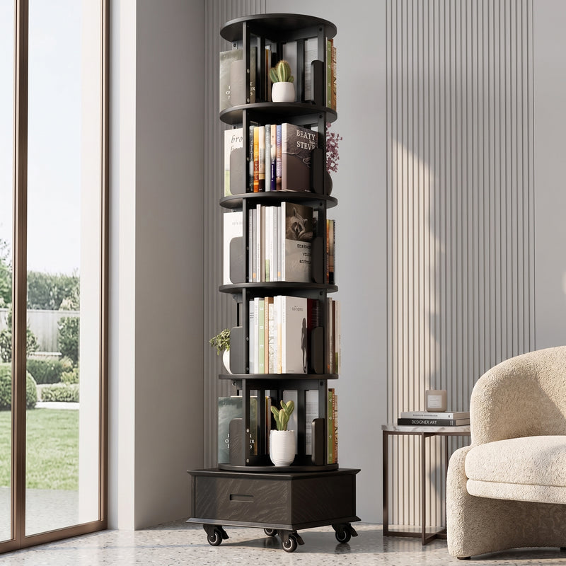 Rotating Bookshelf Tower – 360° Spinning Bookcase | 5 & 6-Tier, Solid Wood & MDF - 1